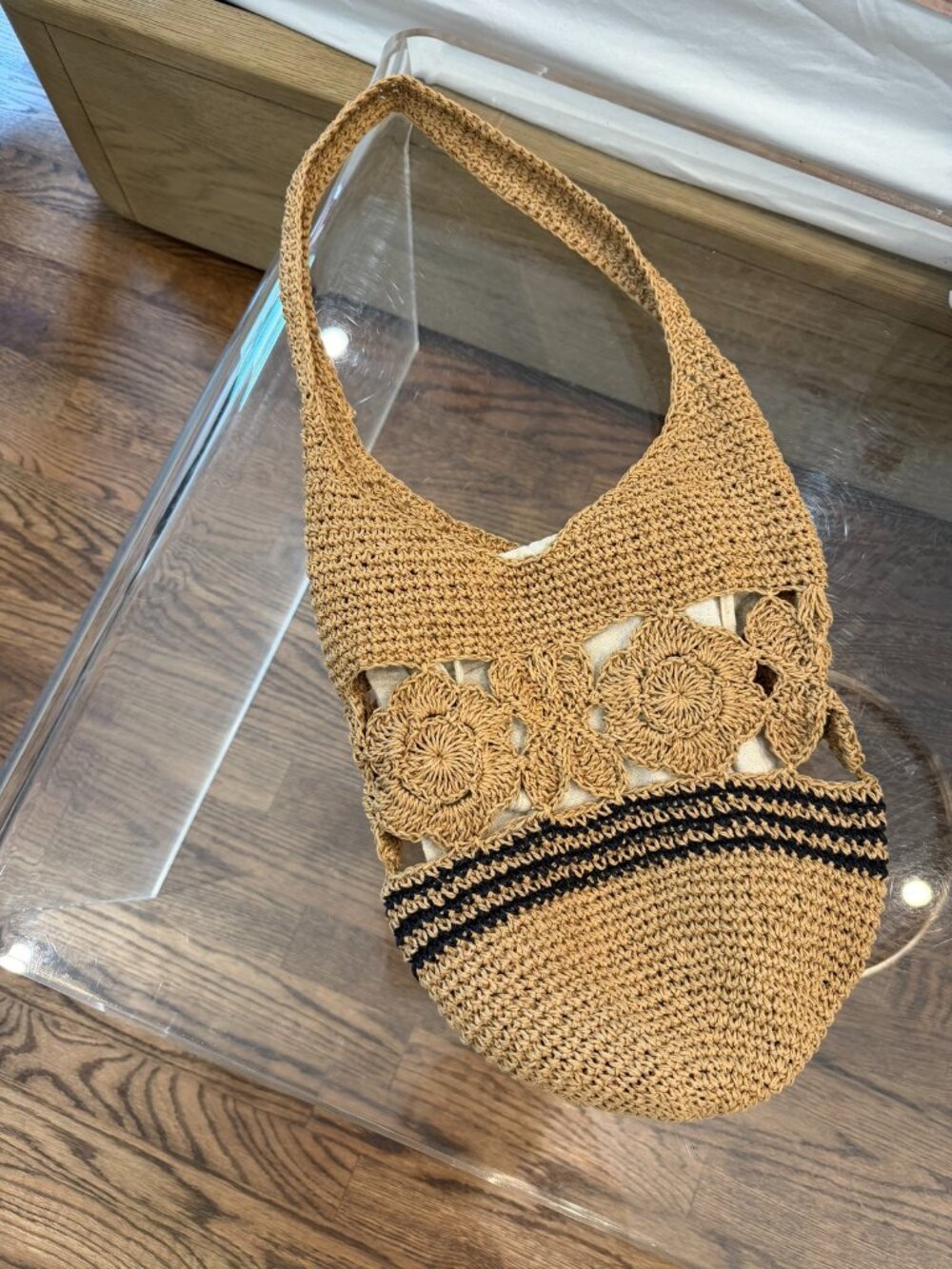 Crochet Straw Tote Bag – Tan Raffia Shoulder Bag with Floral Cutout, Black Strip